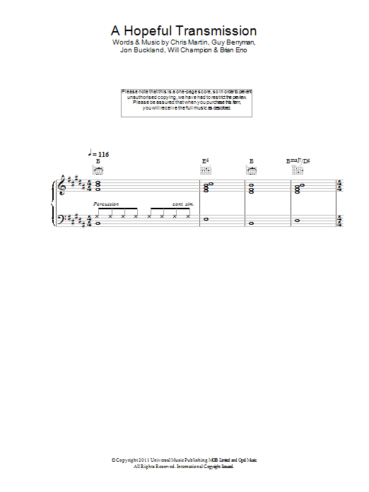 Coldplay A Hopeful Transmission Sheet Music
