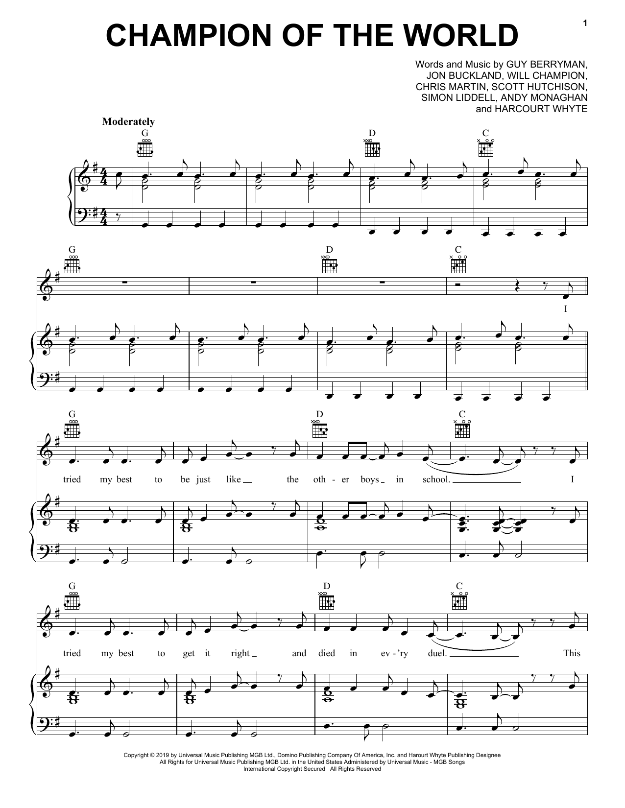 Coldplay Champion Of The World Sheet Music