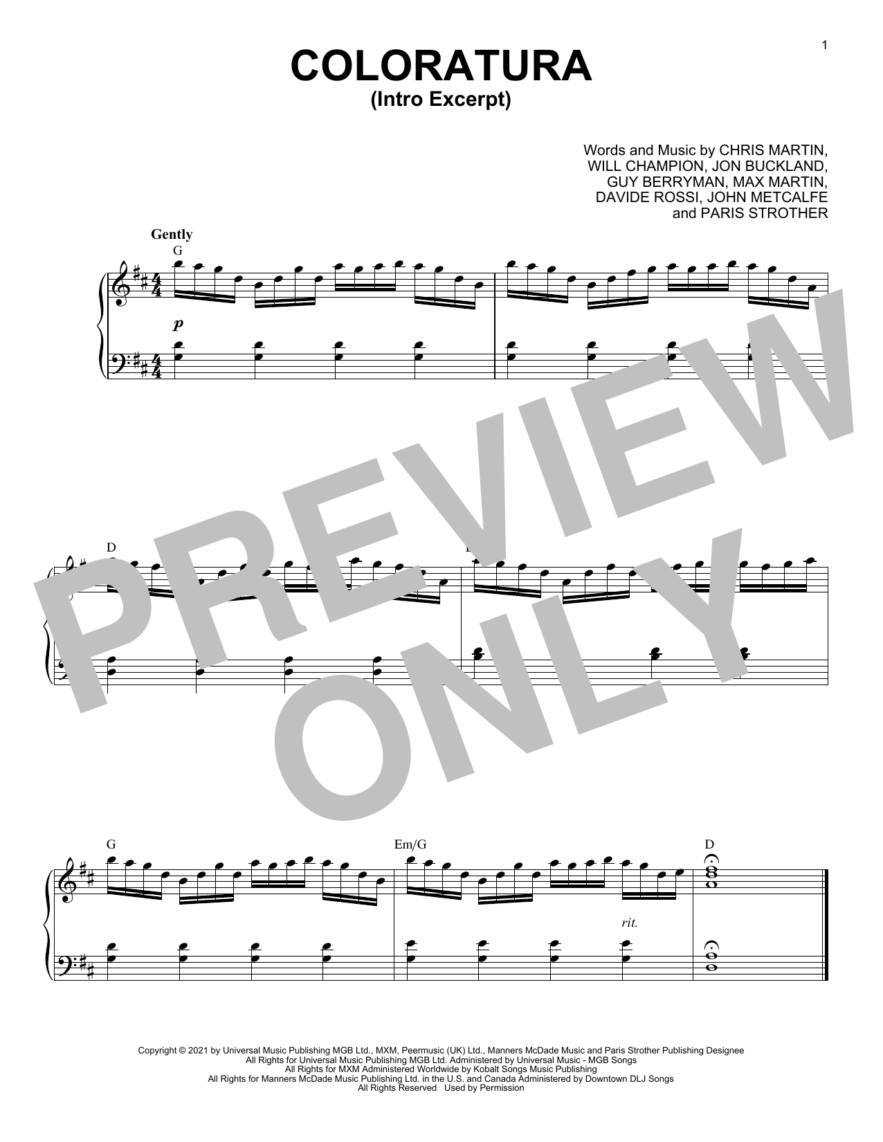 Coldplay Coloratura (Intro Excerpt) Sheet Music