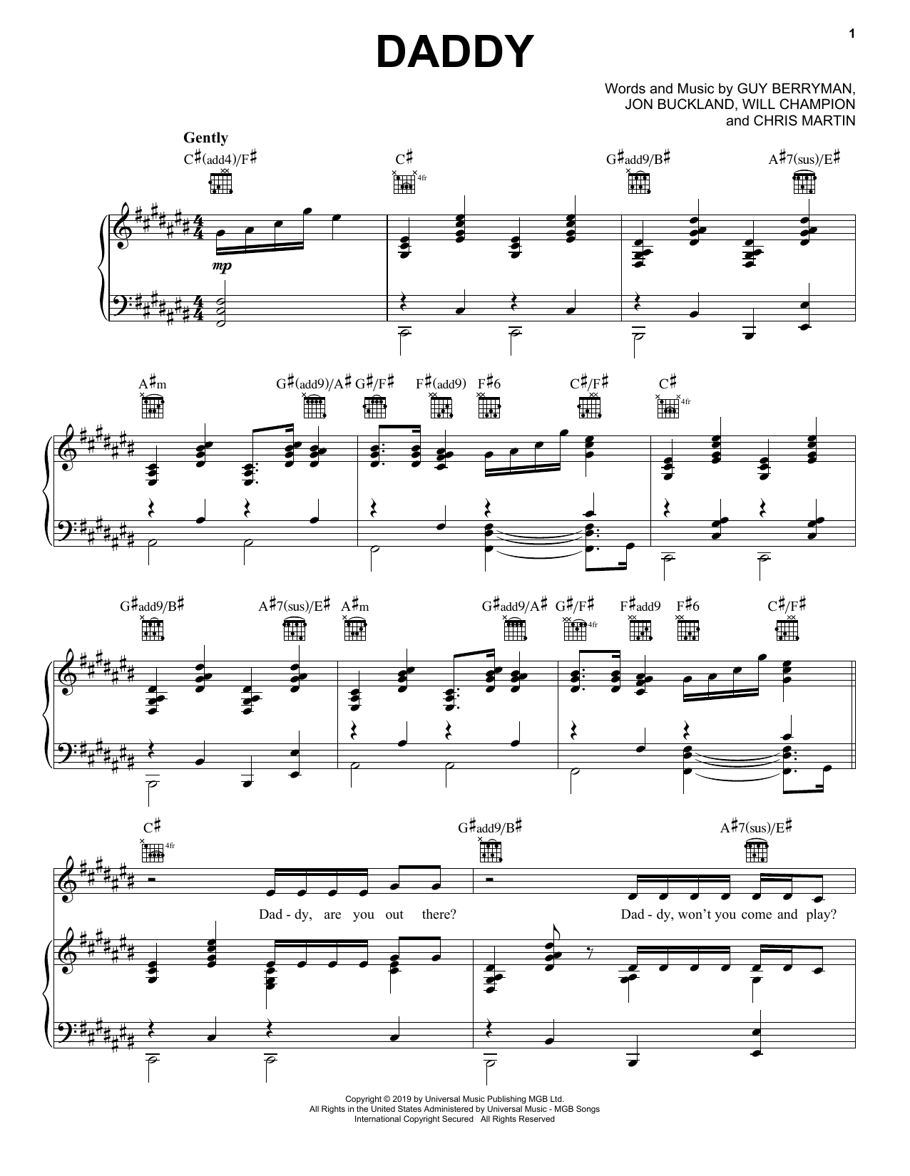 Coldplay Daddy Sheet Music