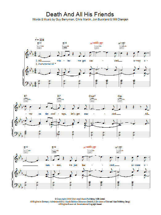 Coldplay Death And All His Friends Sheet Music