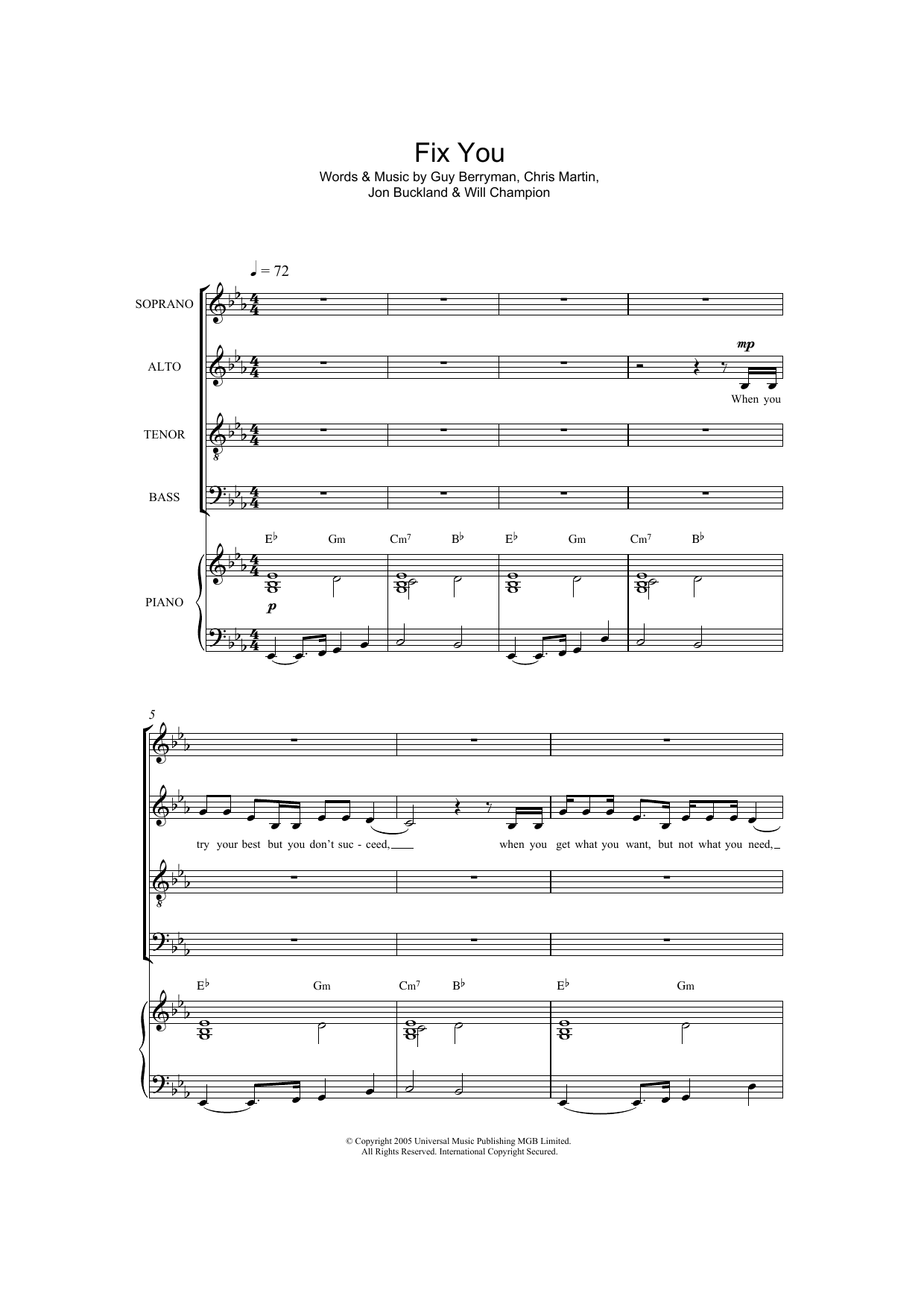 Coldplay Fix You (arr. Jonathan Wikeley) Sheet Music