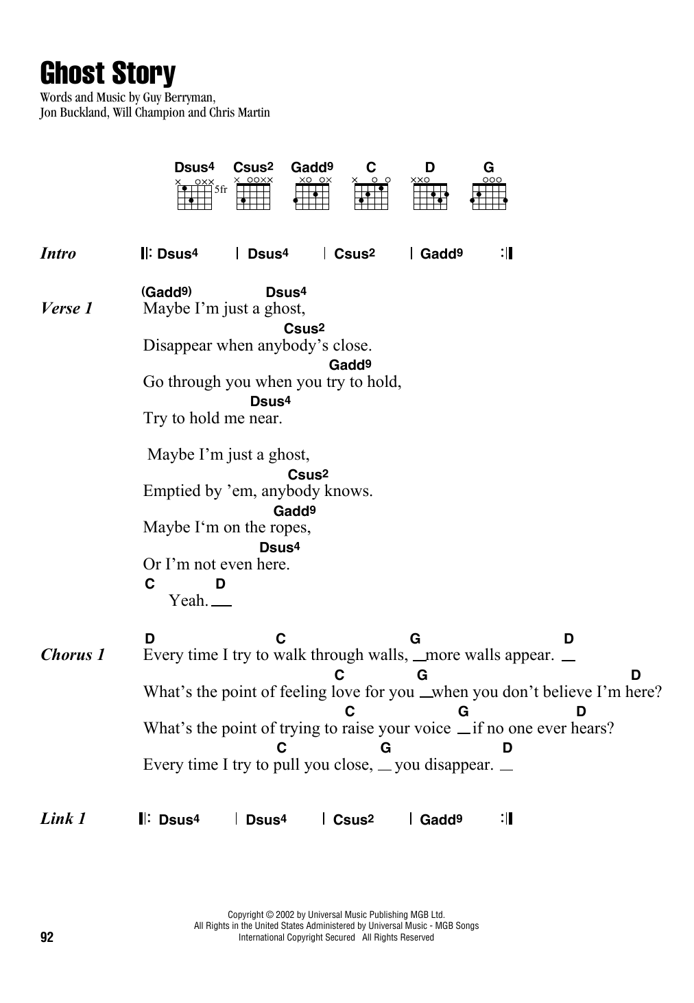 Coldplay Ghost Story Sheet Music