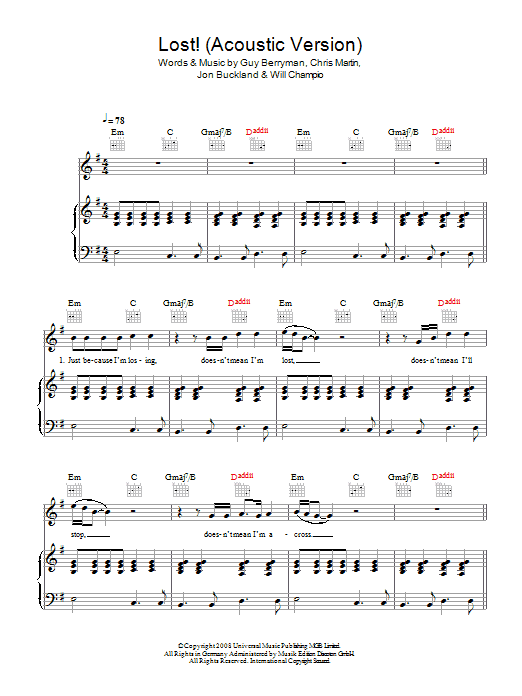 Coldplay Lost! (Acoustic Version) Sheet Music