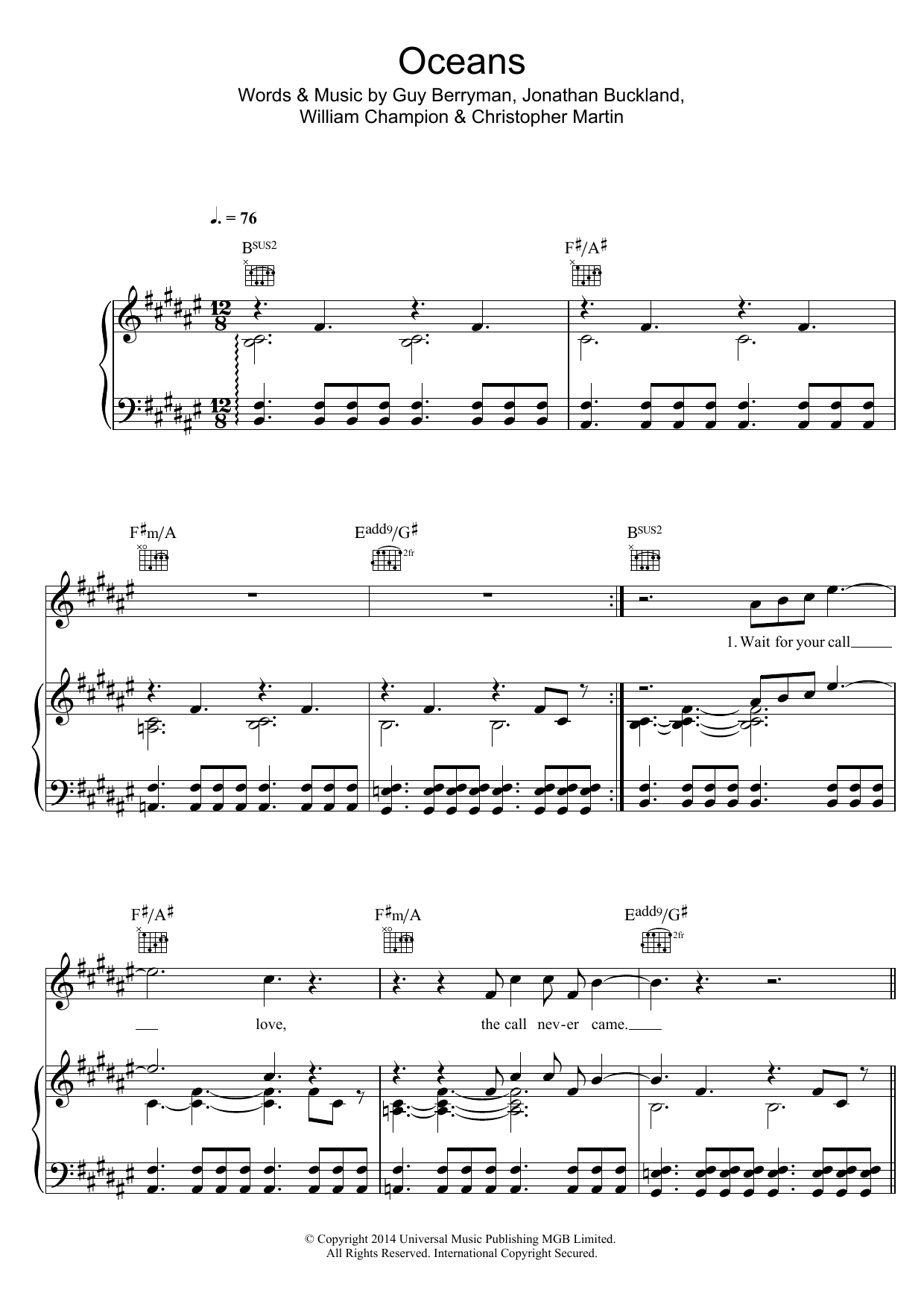 Coldplay Oceans Sheet Music