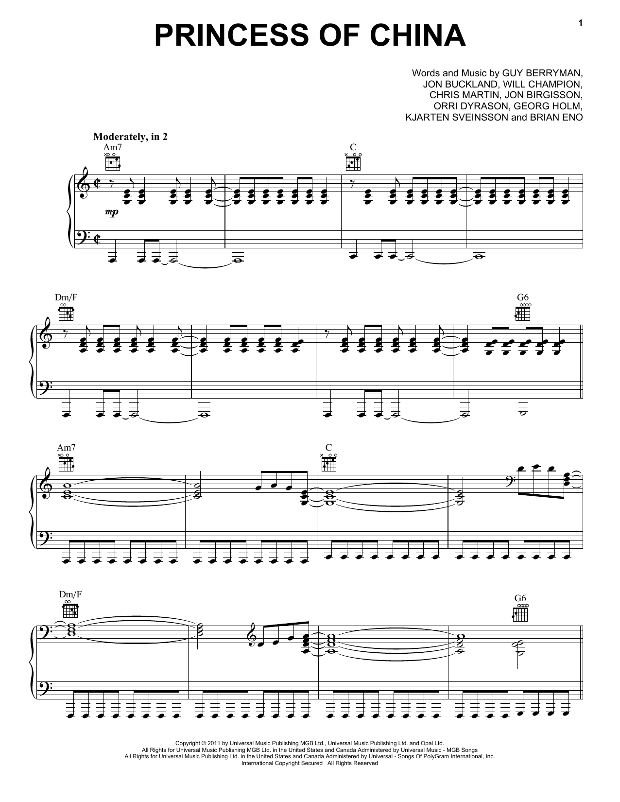 Coldplay & Rihanna Princess Of China Sheet Music