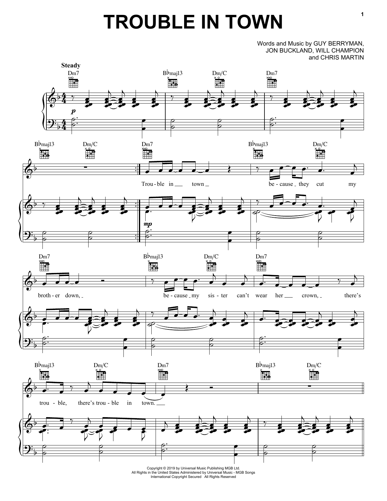 Coldplay Trouble In Town Sheet Music