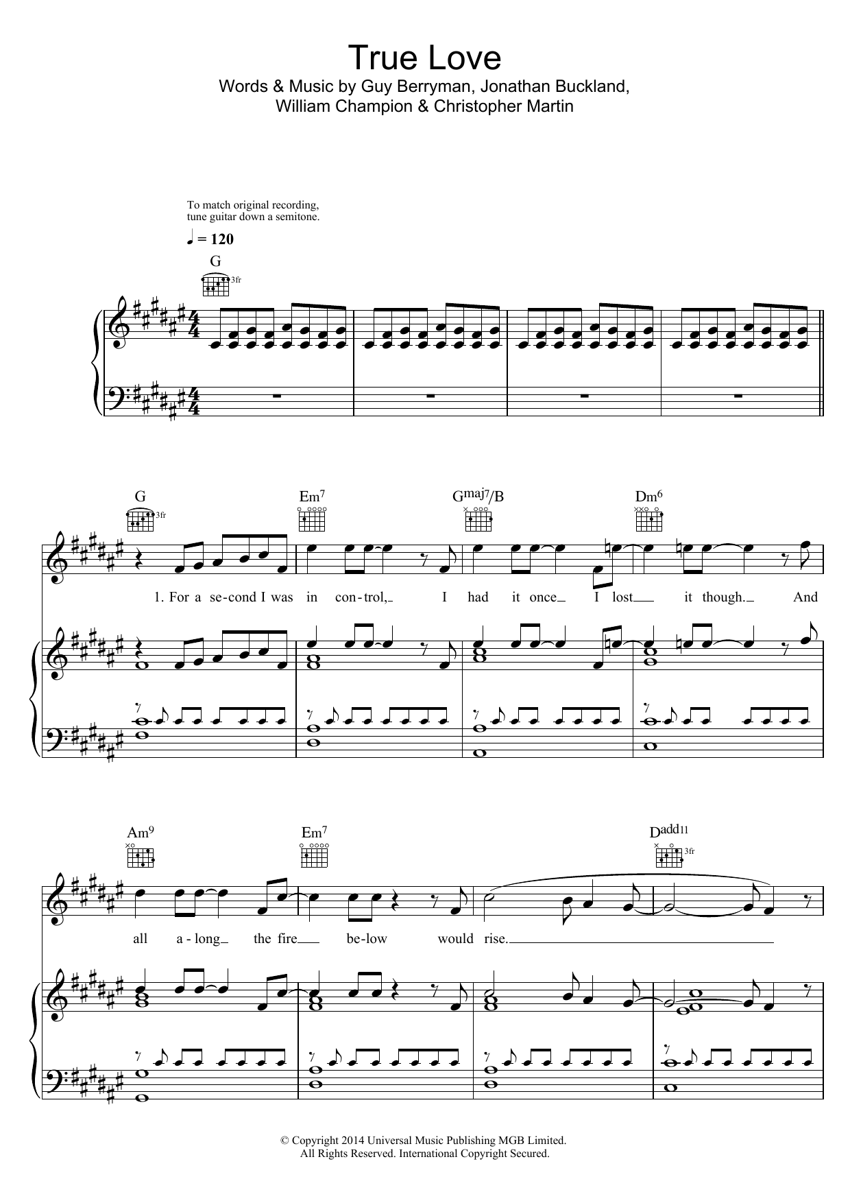 Coldplay True Love Sheet Music
