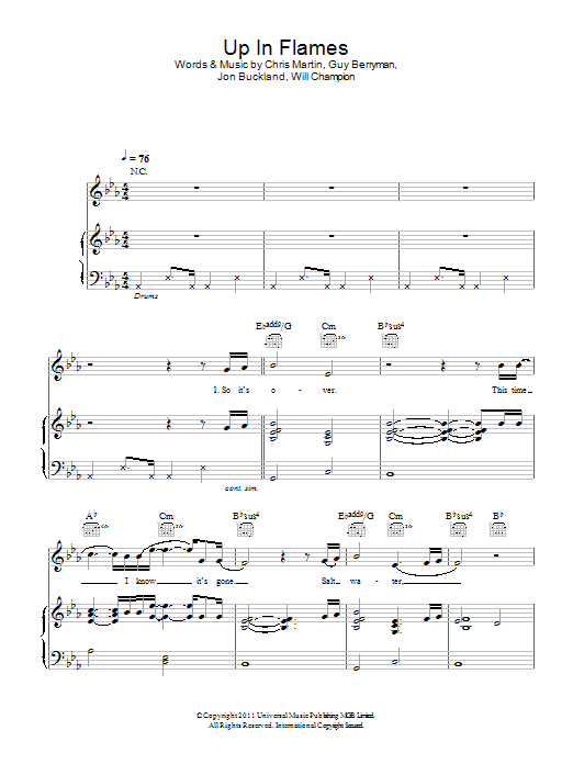 Coldplay Up In Flames Sheet Music