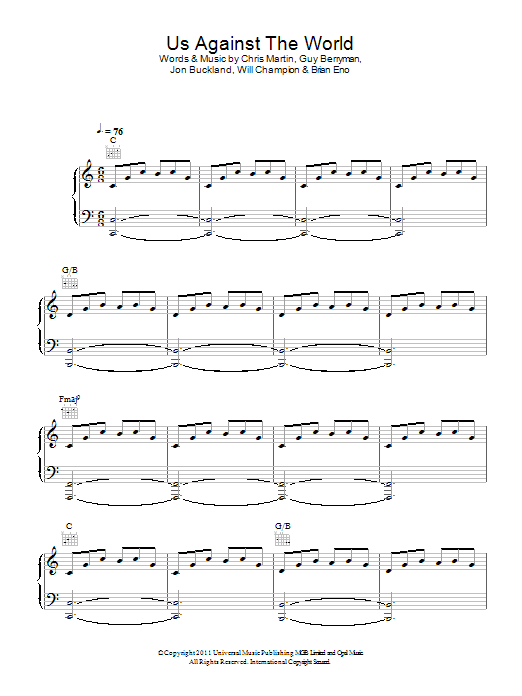 Coldplay Us Against The World Sheet Music