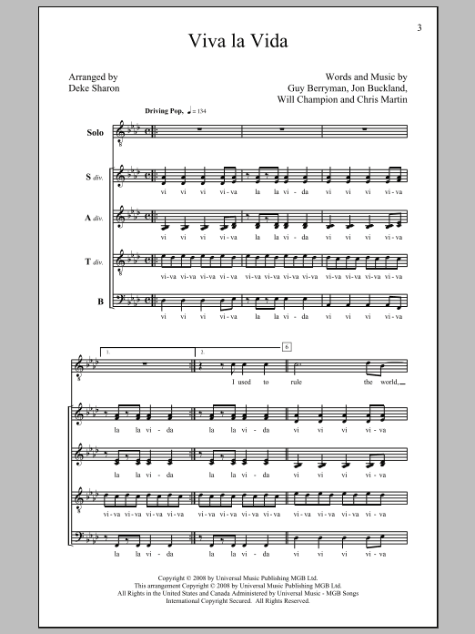 Coldplay Viva La Vida (arr. Deke Sharon) Sheet Music