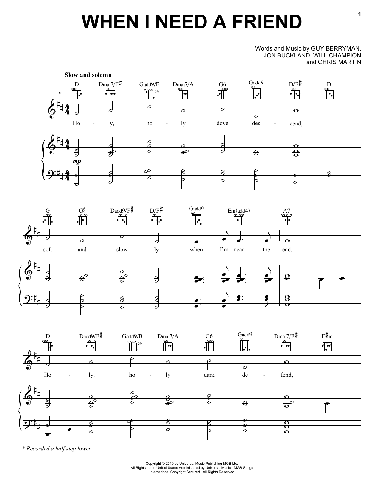 Coldplay When I Need A Friend Sheet Music