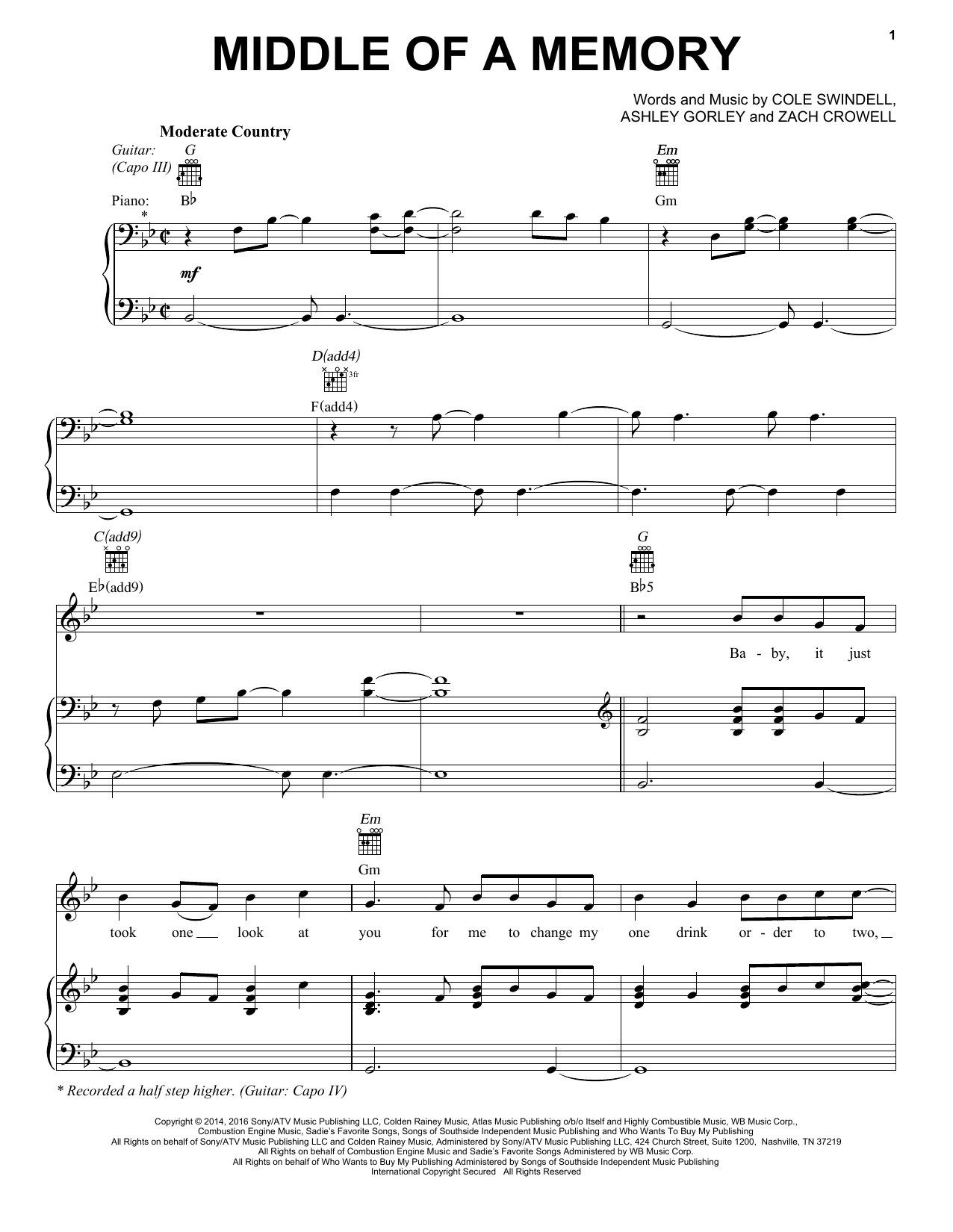 Cole Swindell Middle Of A Memory Sheet Music