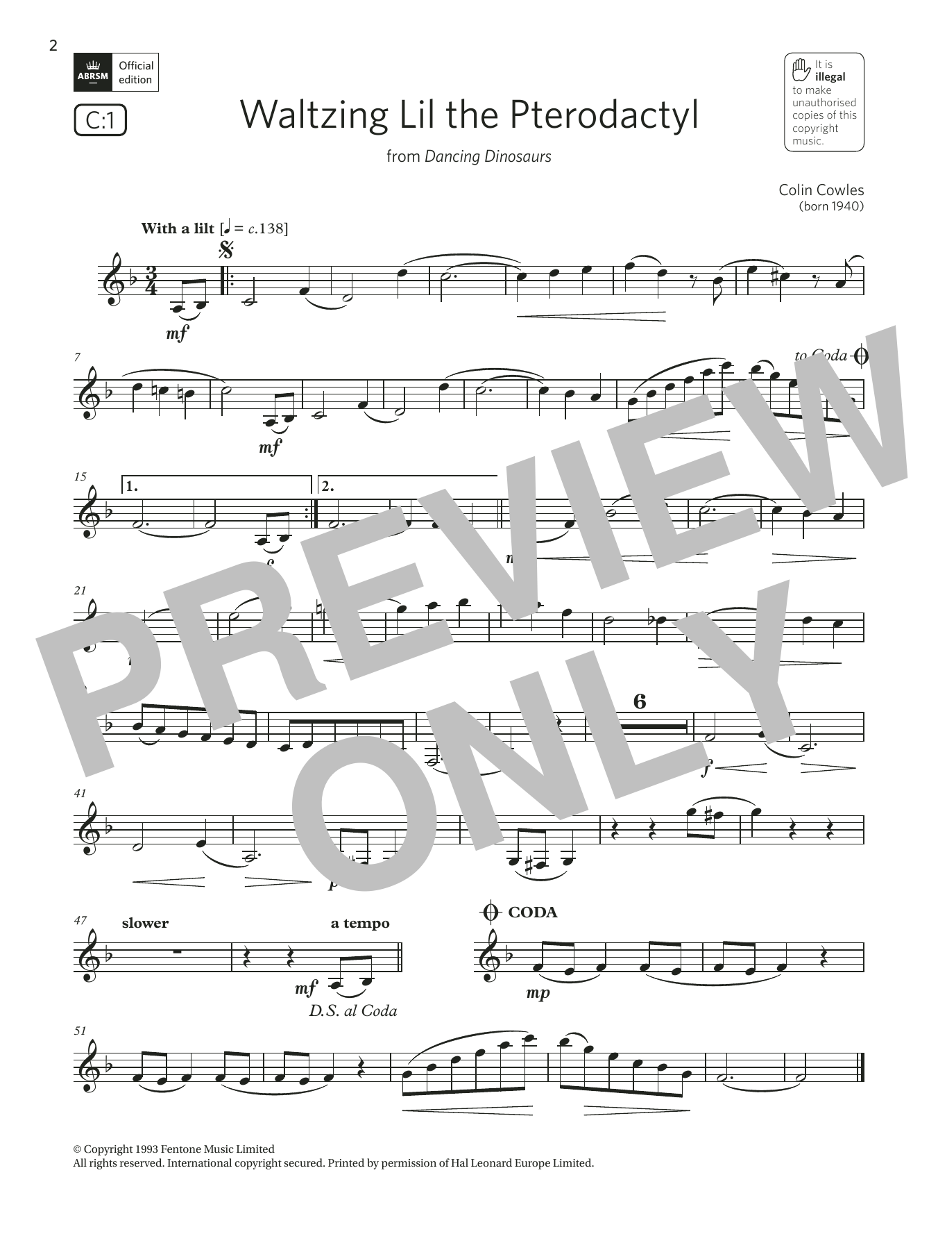 Colin Cowles Waltzing Lil the Pterodactyl (Grade 3 List C1 from the ABRSM Clarinet syllabus f Sheet Music