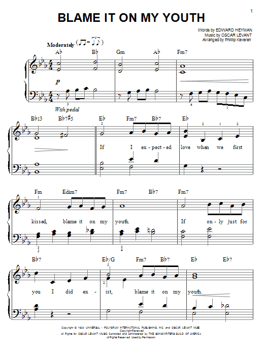 Connie Francis Blame It On My Youth (arr. Phillip Keveren) Sheet Music