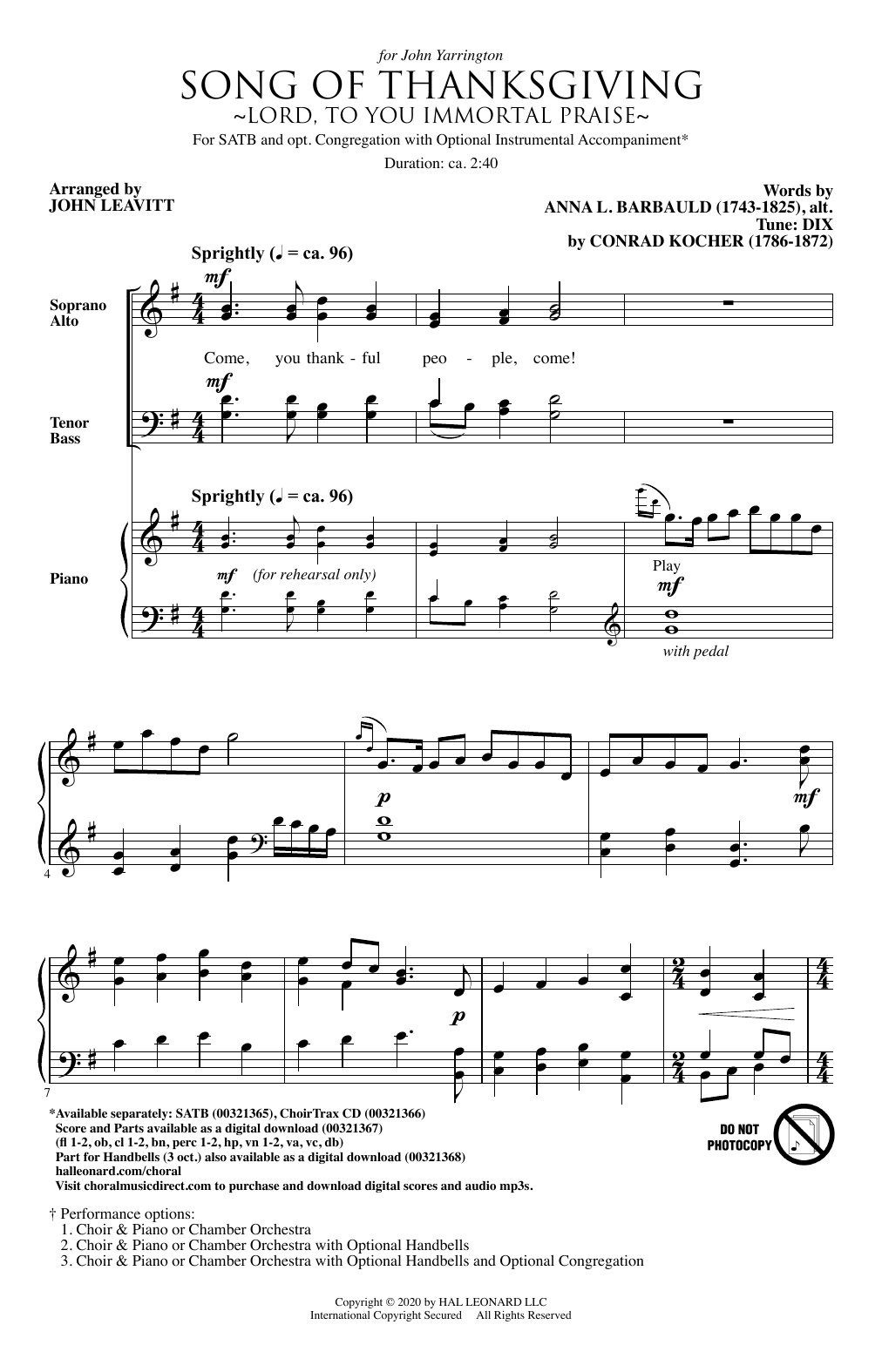 Conrad Kocher Song Of Thanksgiving (Lord, to You Immortal Praise) (arr. John Leavitt) Sheet Music