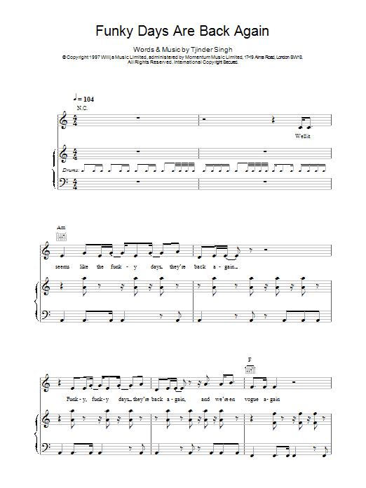 Cornershop Funky Days Are Back Again Sheet Music