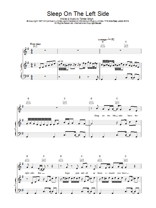 Cornershop Sleep On The Left Side Sheet Music