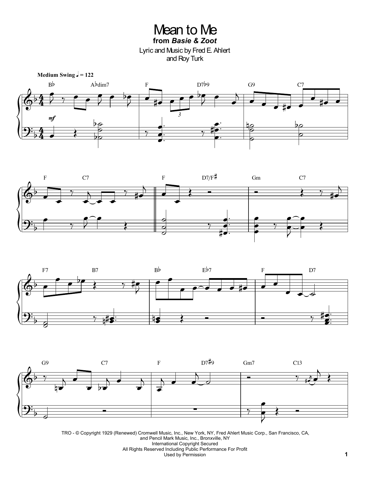 Count Basie Mean To Me (from Love Me Or Leave Me) Sheet Music