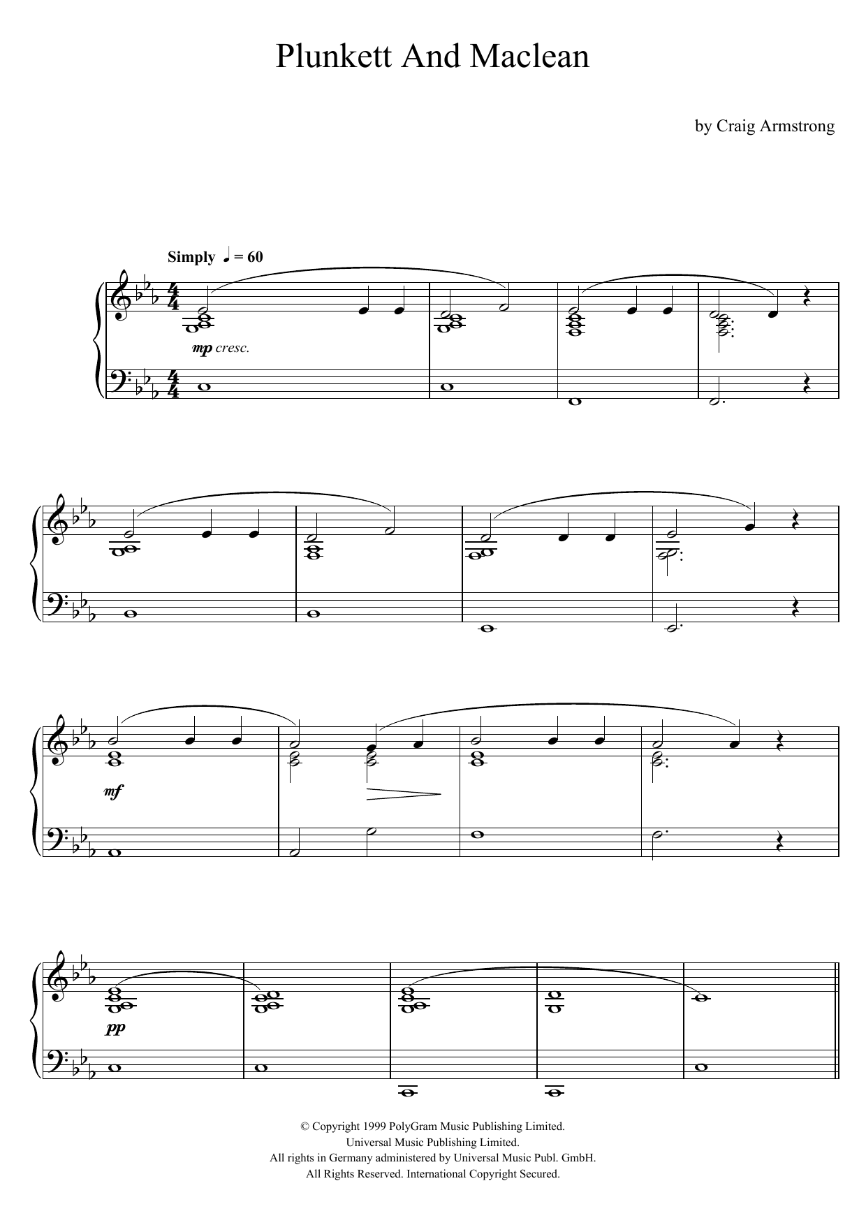 Craig Armstrong Plunkett and Macleane (Rebecca) Sheet Music