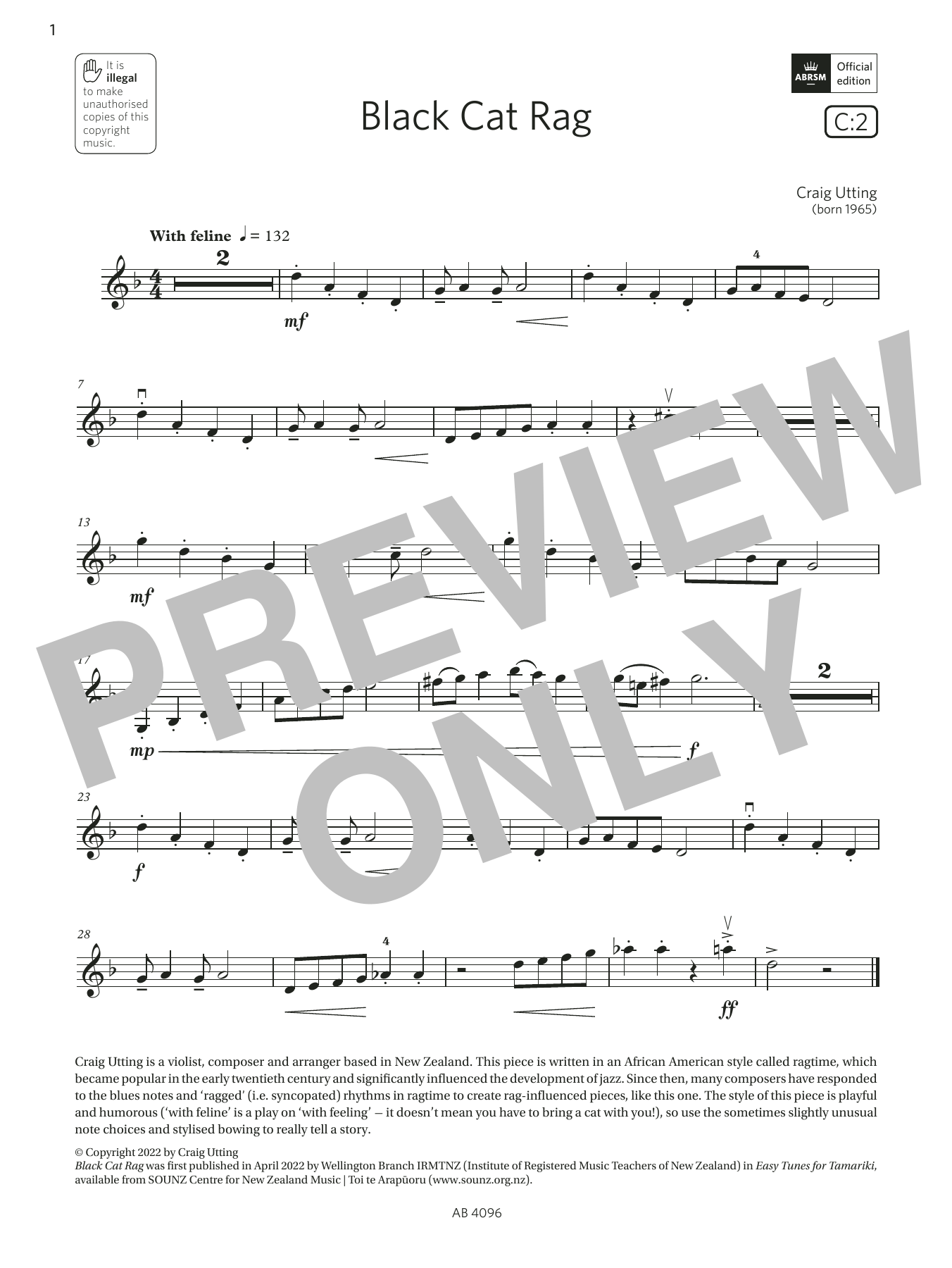Craig Utting Black Cat Rag (Grade 2, C2, from the ABRSM Violin Syllabus from 2024) Sheet Music