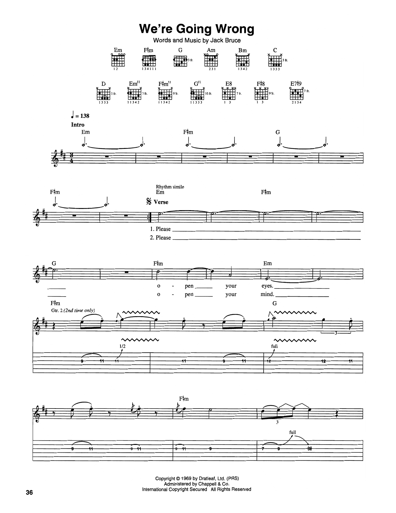 Cream We're Going Wrong Sheet Music