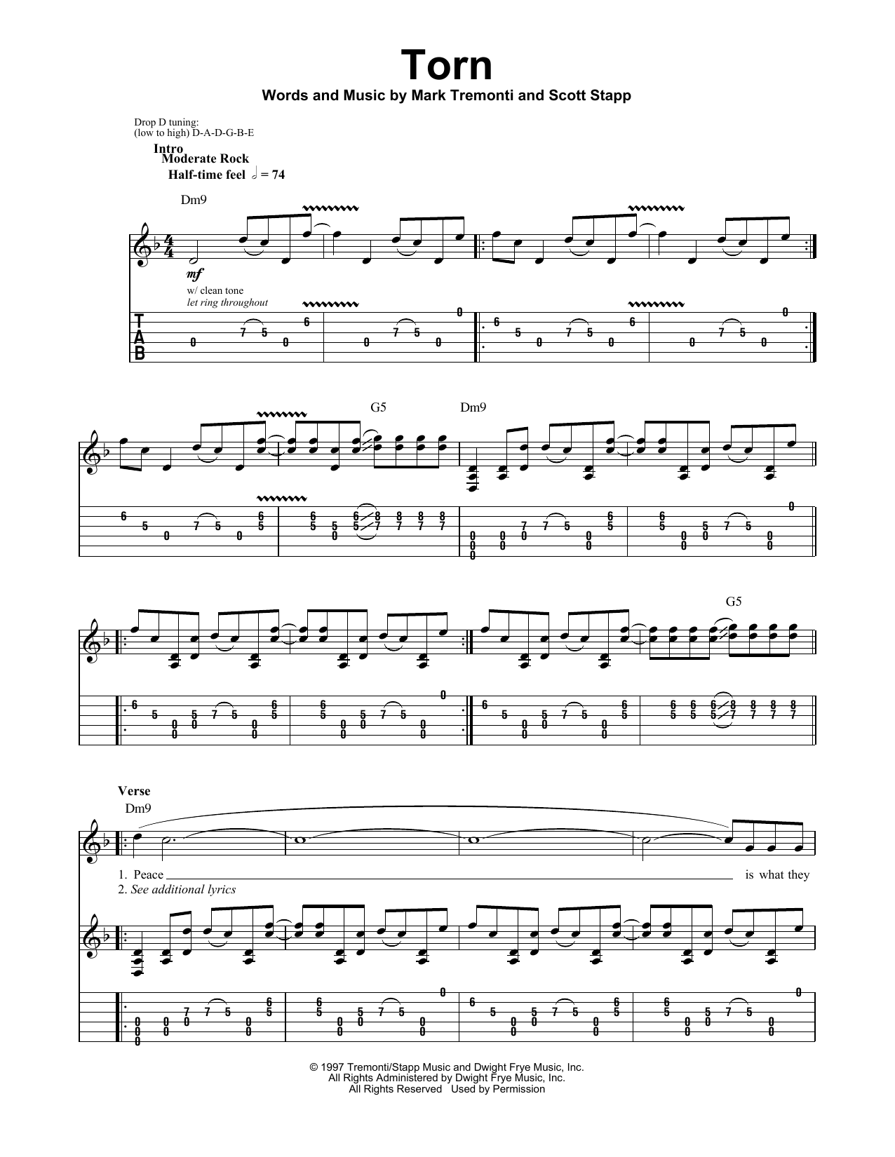 Creed Torn Sheet Music