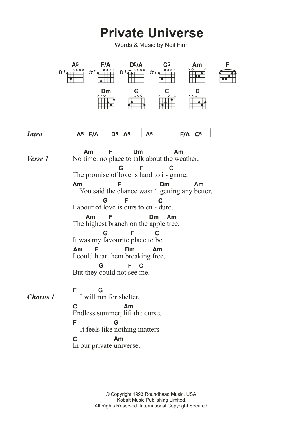 Crowded House Private Universe Sheet Music