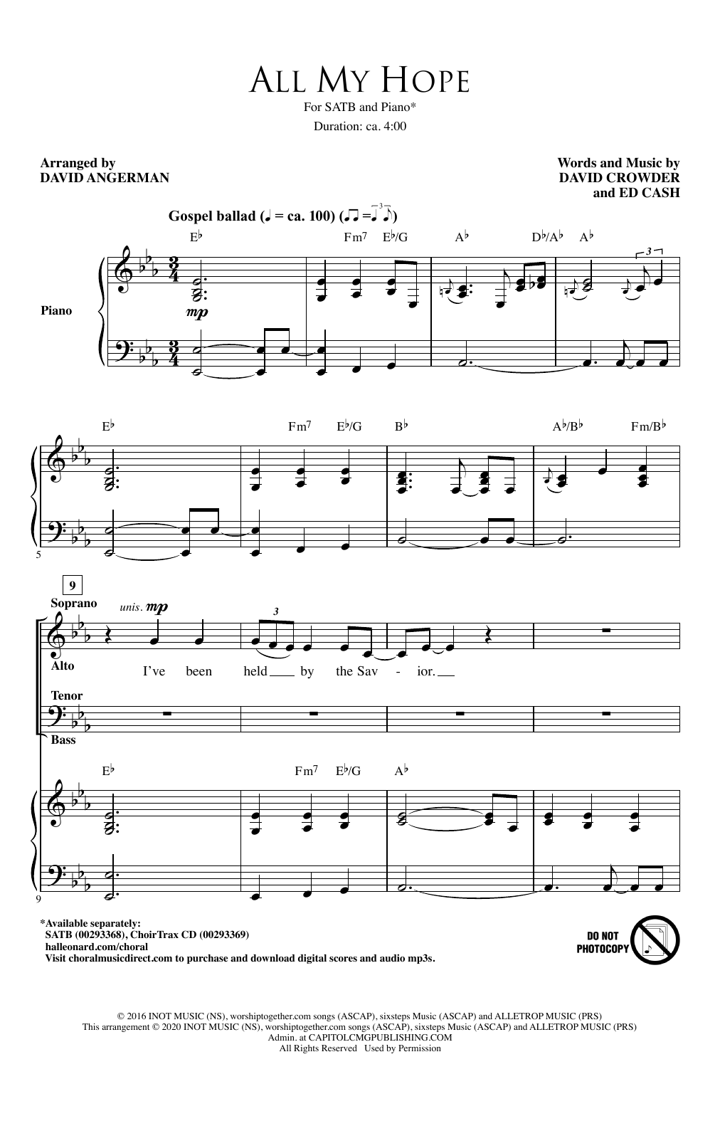 Crowder feat. Tauren Wells All My Hope (arr. David Angerman) Sheet Music