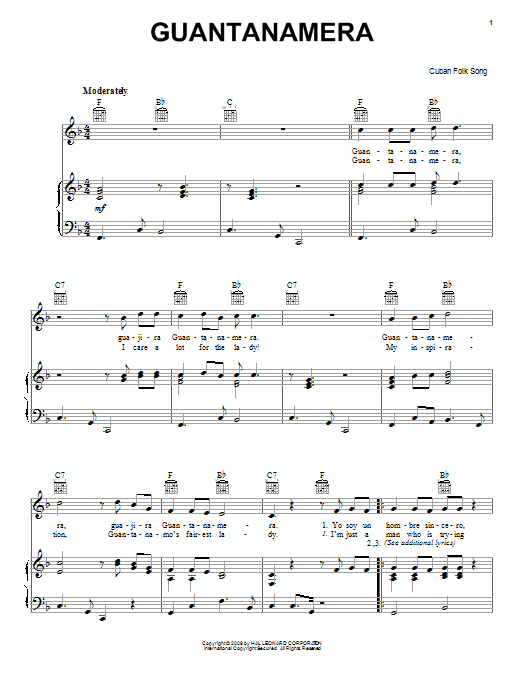 Cuban Folksong Guantanamera Sheet Music