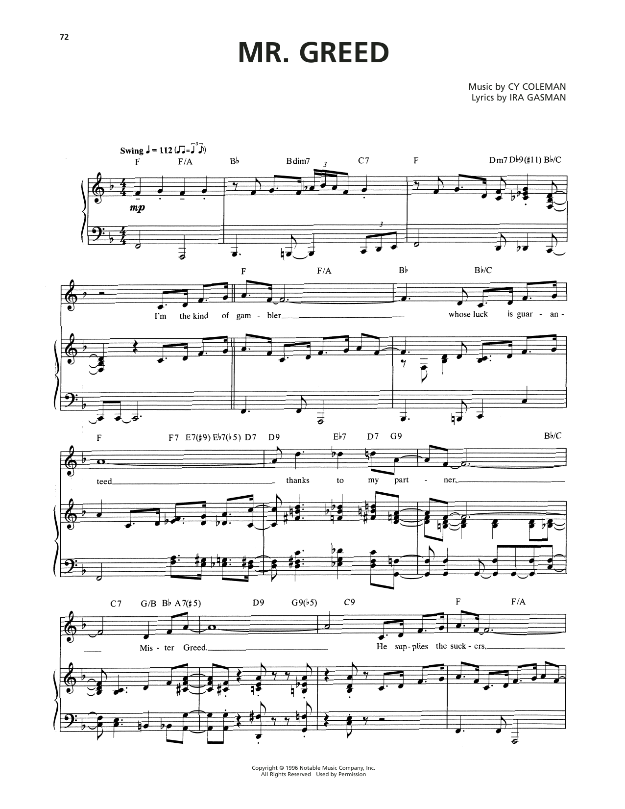 Cy Coleman Mr. Greed (from The Life) Sheet Music