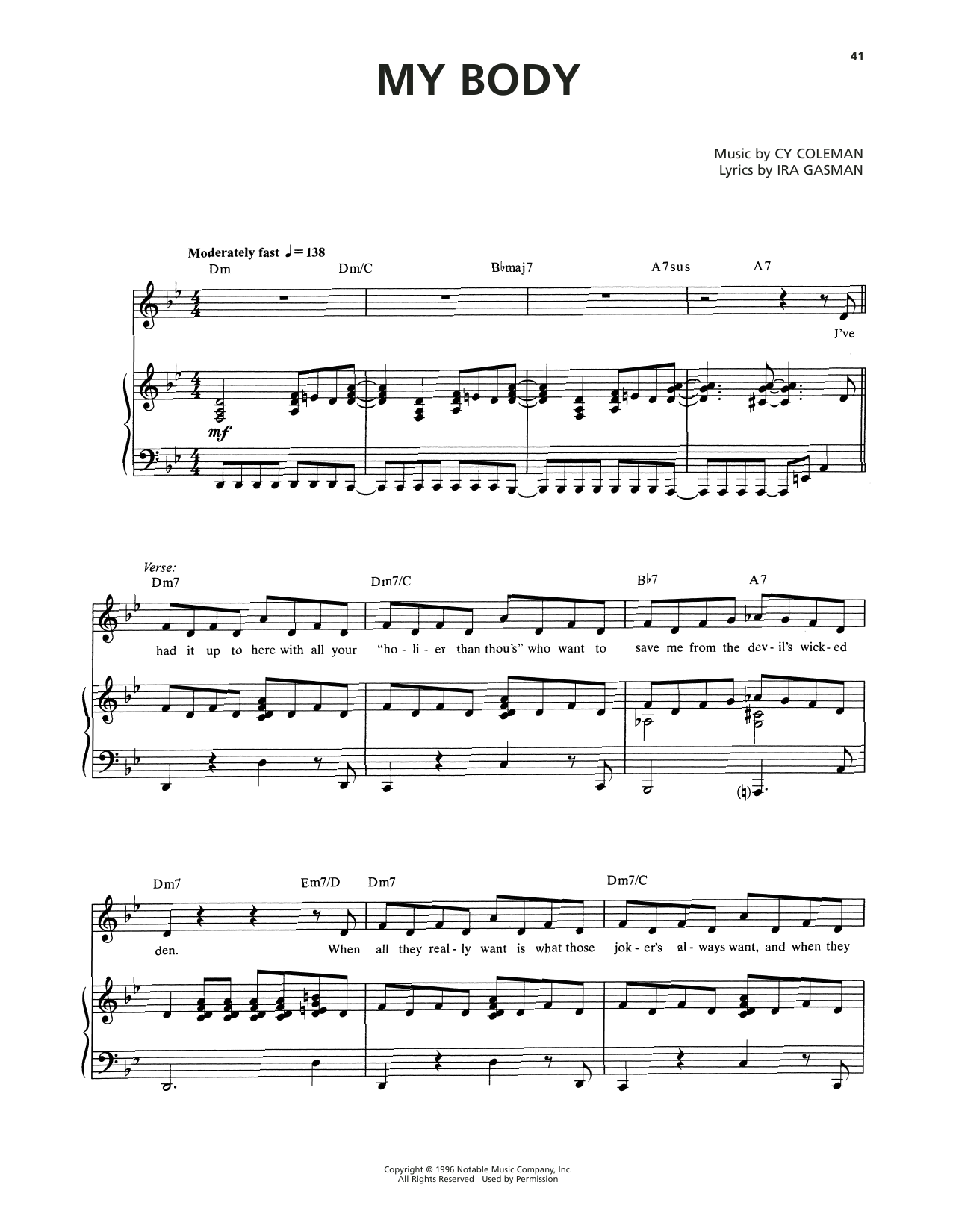 Cy Coleman My Body (from The Life) Sheet Music