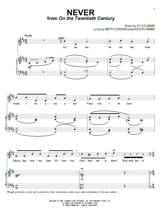 Cy Coleman Never (from On The Twentieth Century) Sheet Music