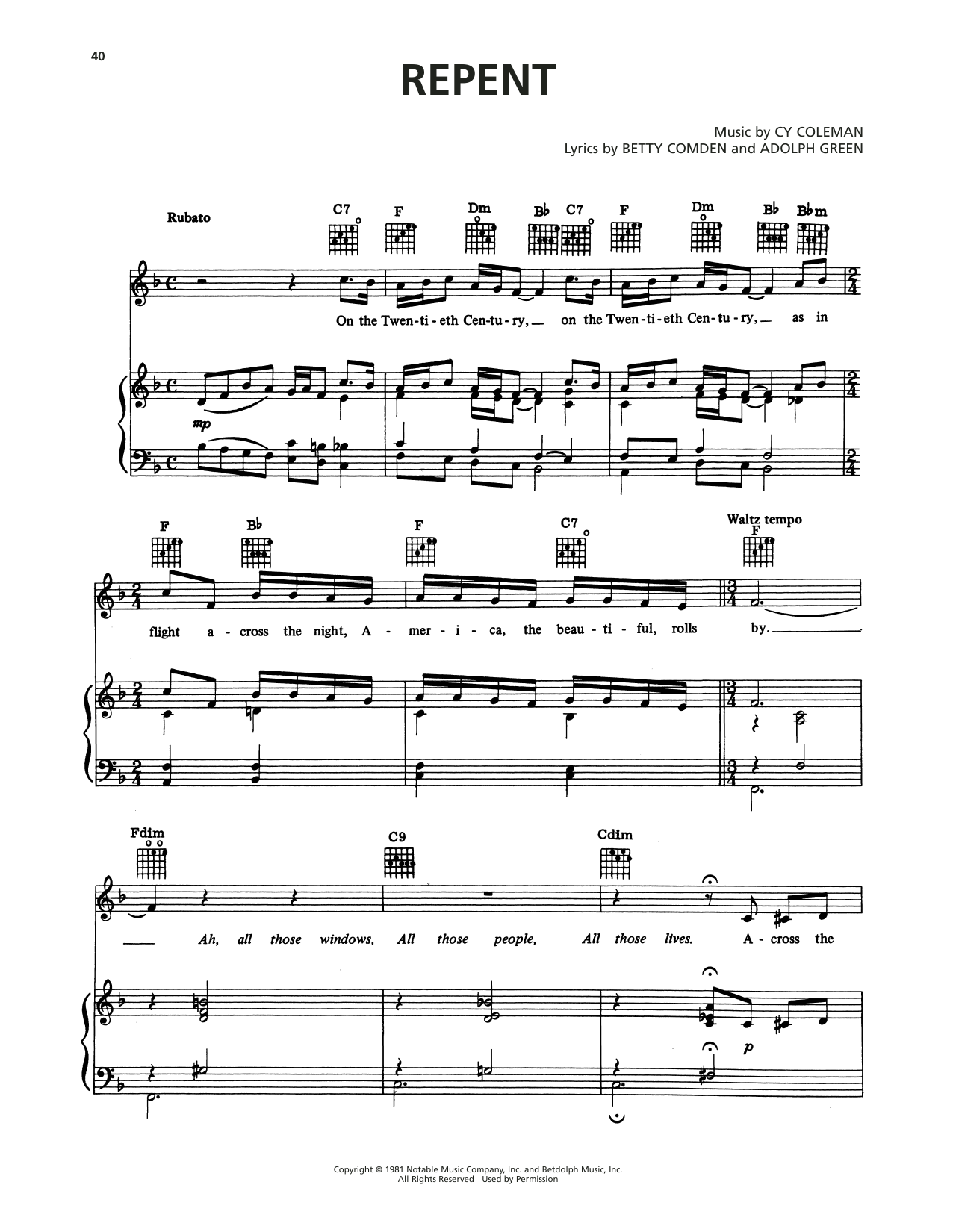 Cy Coleman Repent (from On The Twentieth Century) Sheet Music