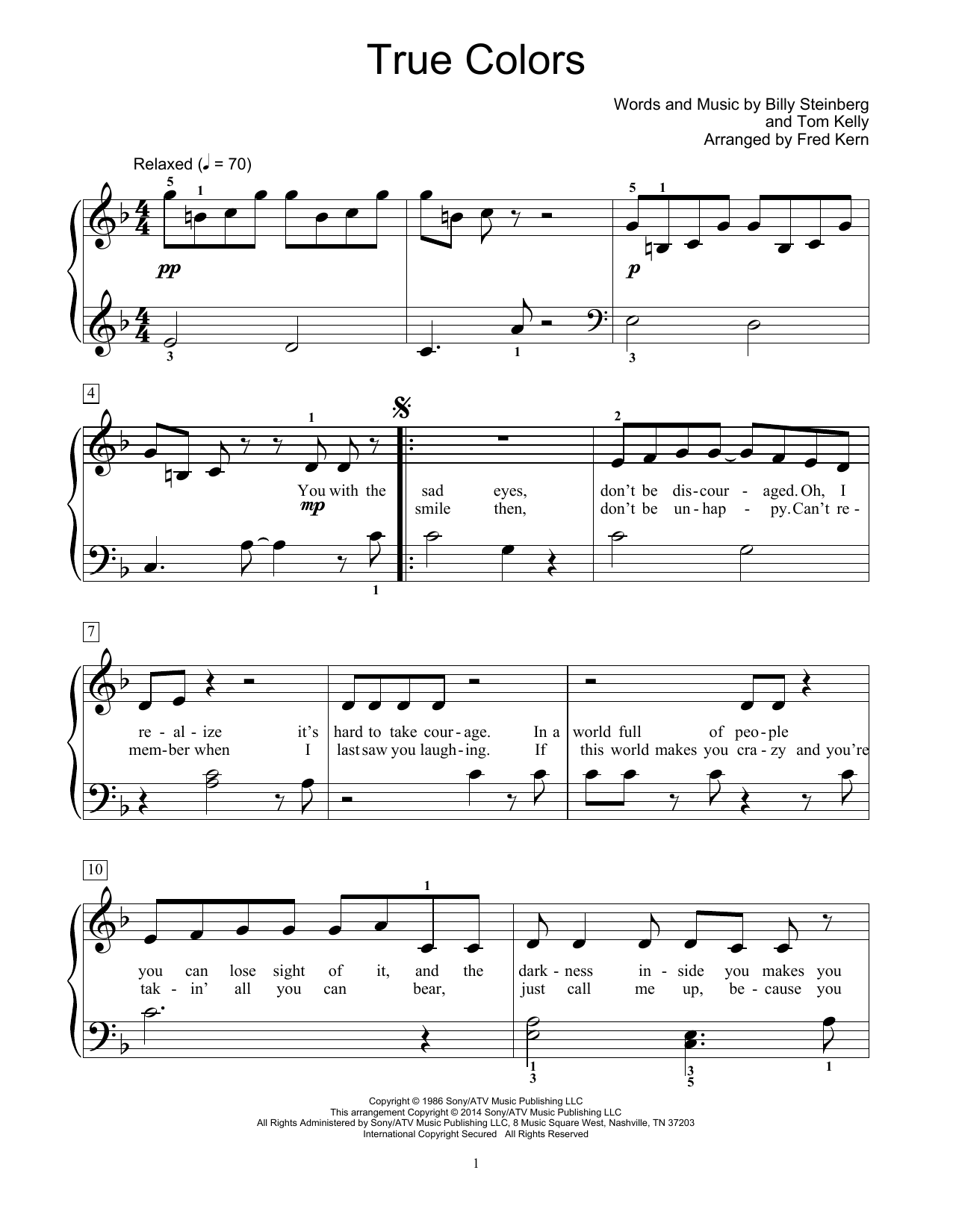 Cyndi Lauper True Colors (arr. Fred Kern) Sheet Music
