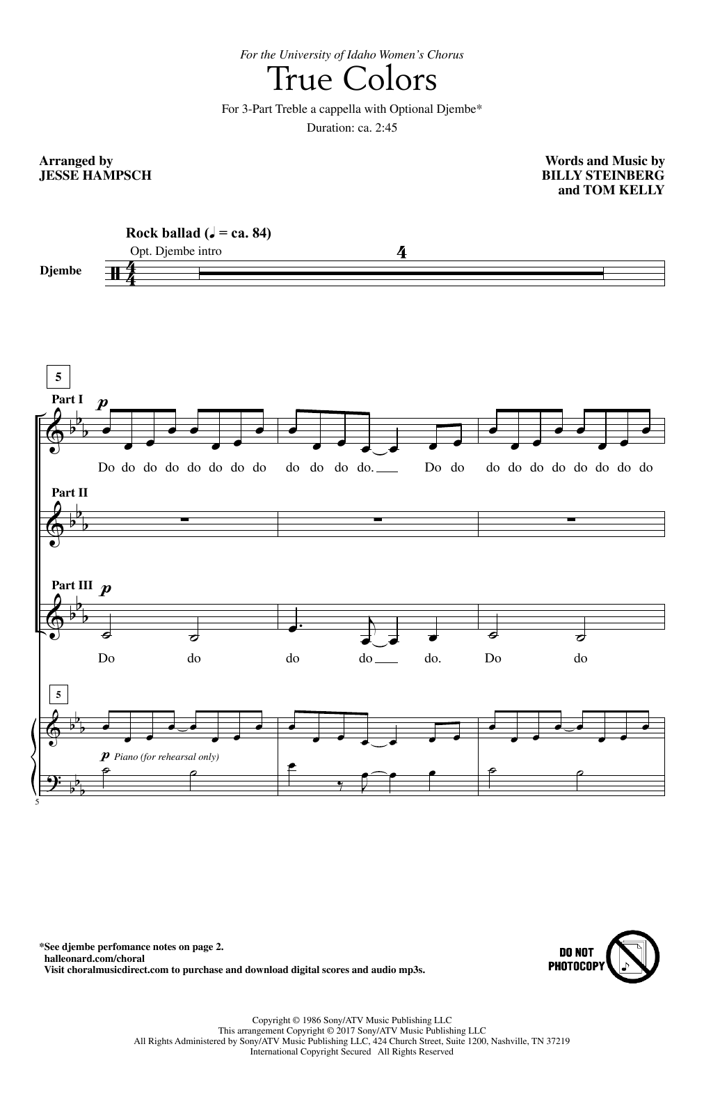 Cyndi Lauper True Colors (arr. Jesse Hampsch) Sheet Music