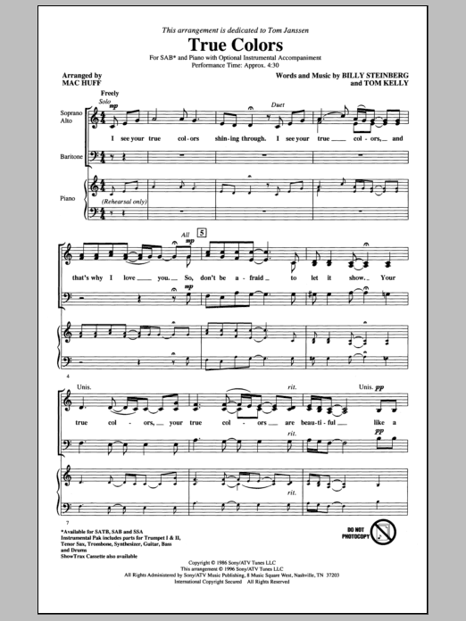 Cyndi Lauper True Colors (arr. Mac Huff) Sheet Music