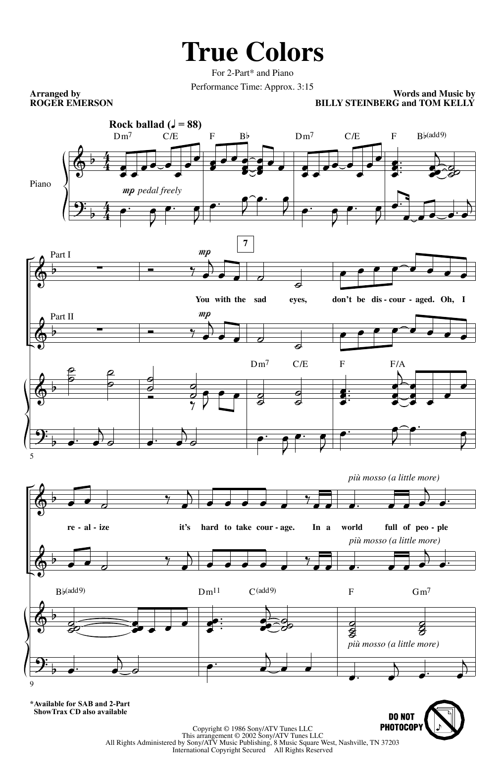 Cyndi Lauper True Colors (arr. Roger Emerson) Sheet Music