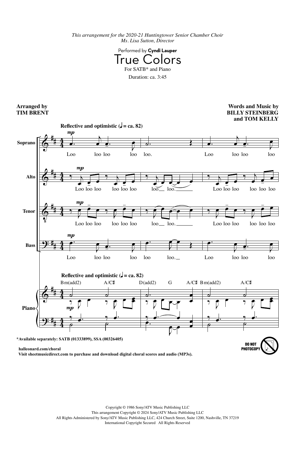 Cyndi Lauper True Colors (arr. Tim Brent) Sheet Music