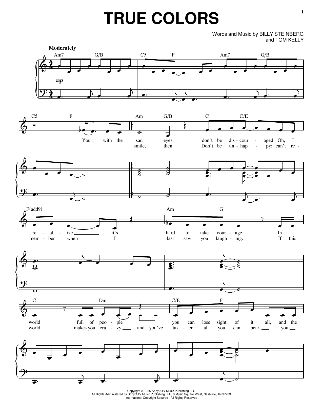 Cyndi Lauper True Colors Sheet Music