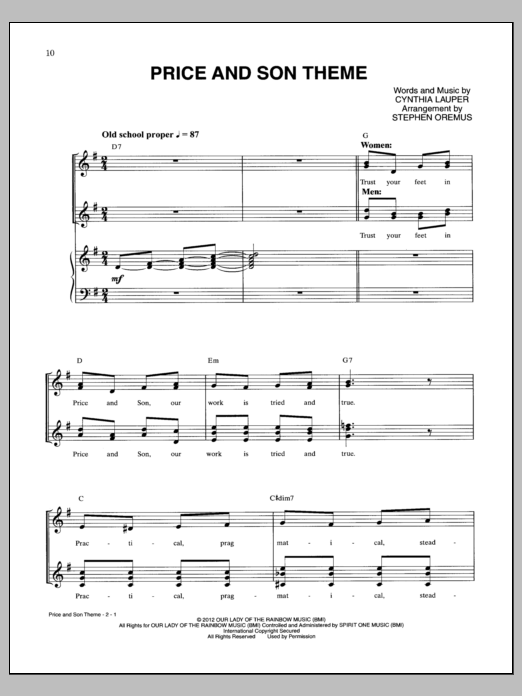 Cynthia Lauper Price And Son Theme Sheet Music