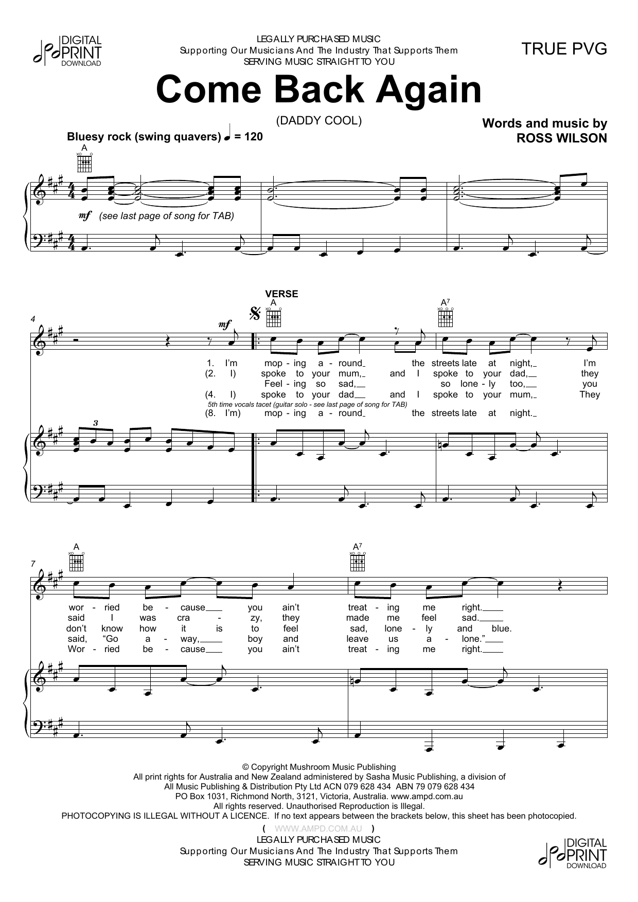 Daddy Cool Come Back Again Sheet Music