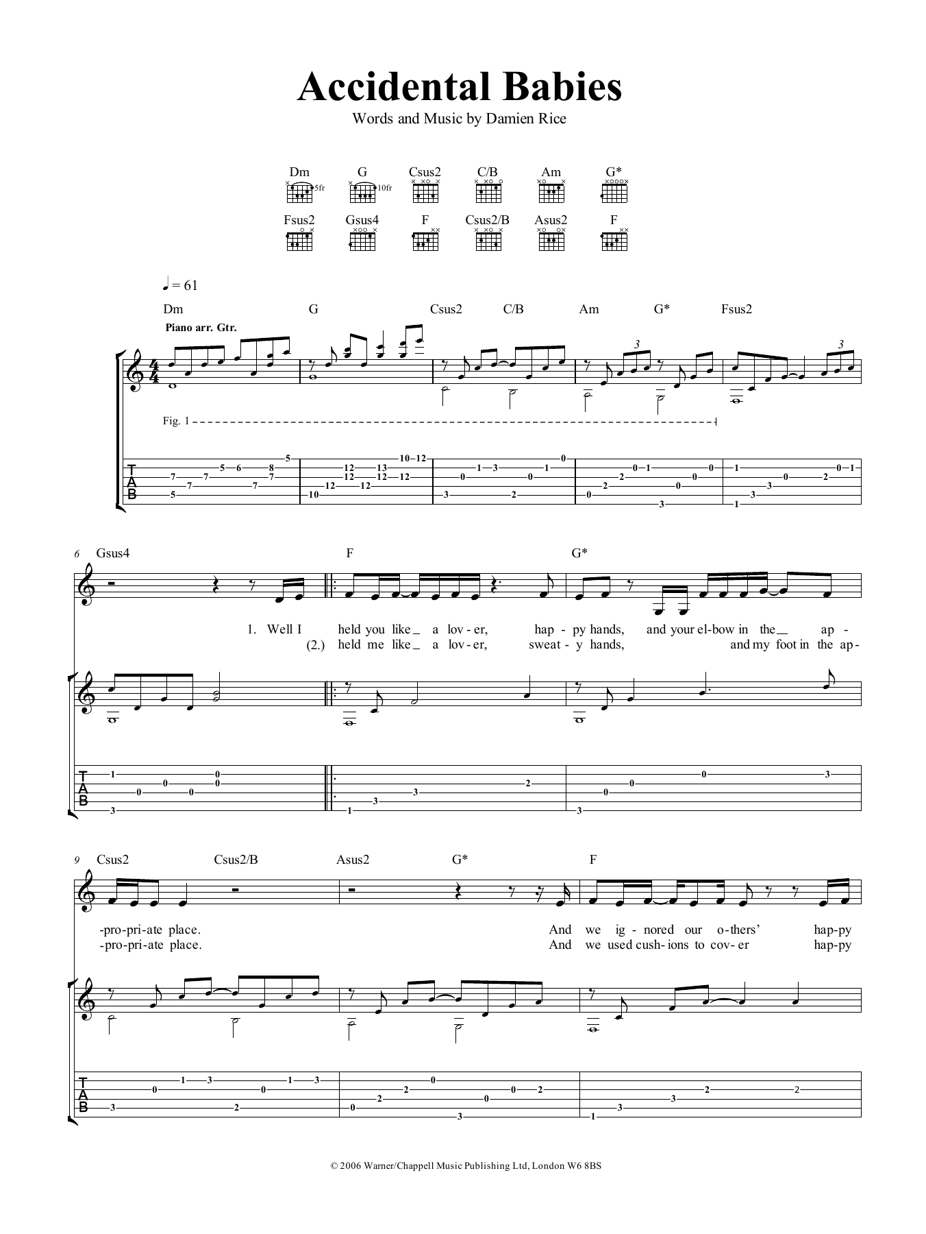 Damien Rice Accidental Babies Sheet Music