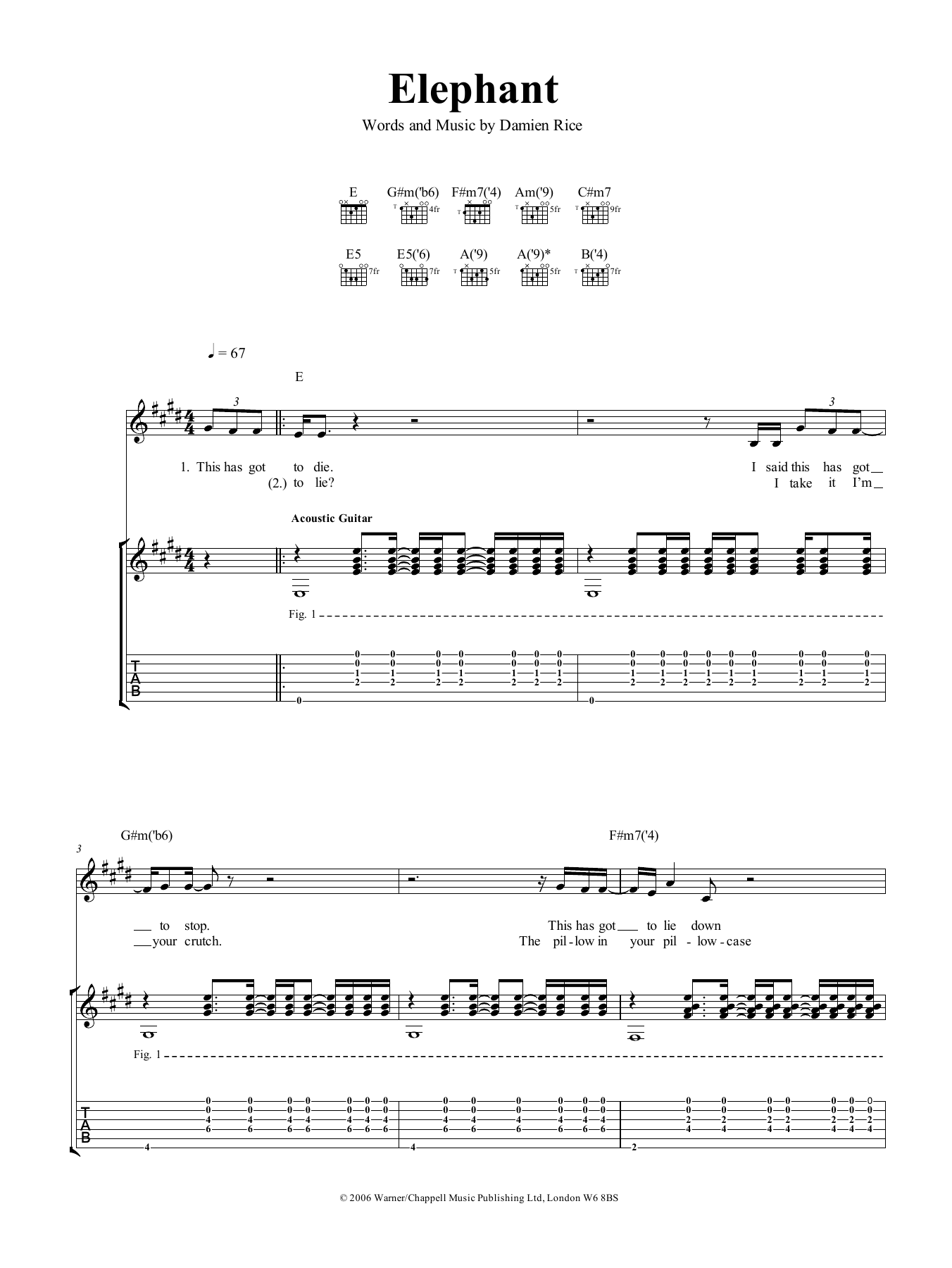 Damien Rice Elephant Sheet Music