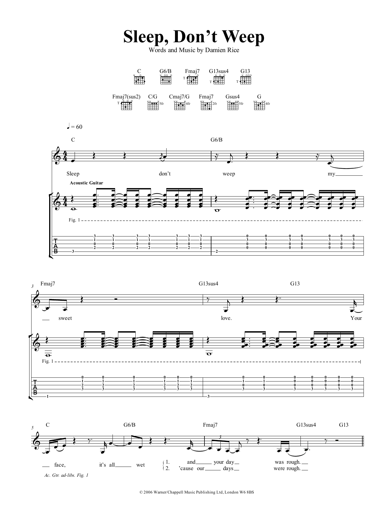 Damien Rice Sleep, Don't Weep Sheet Music