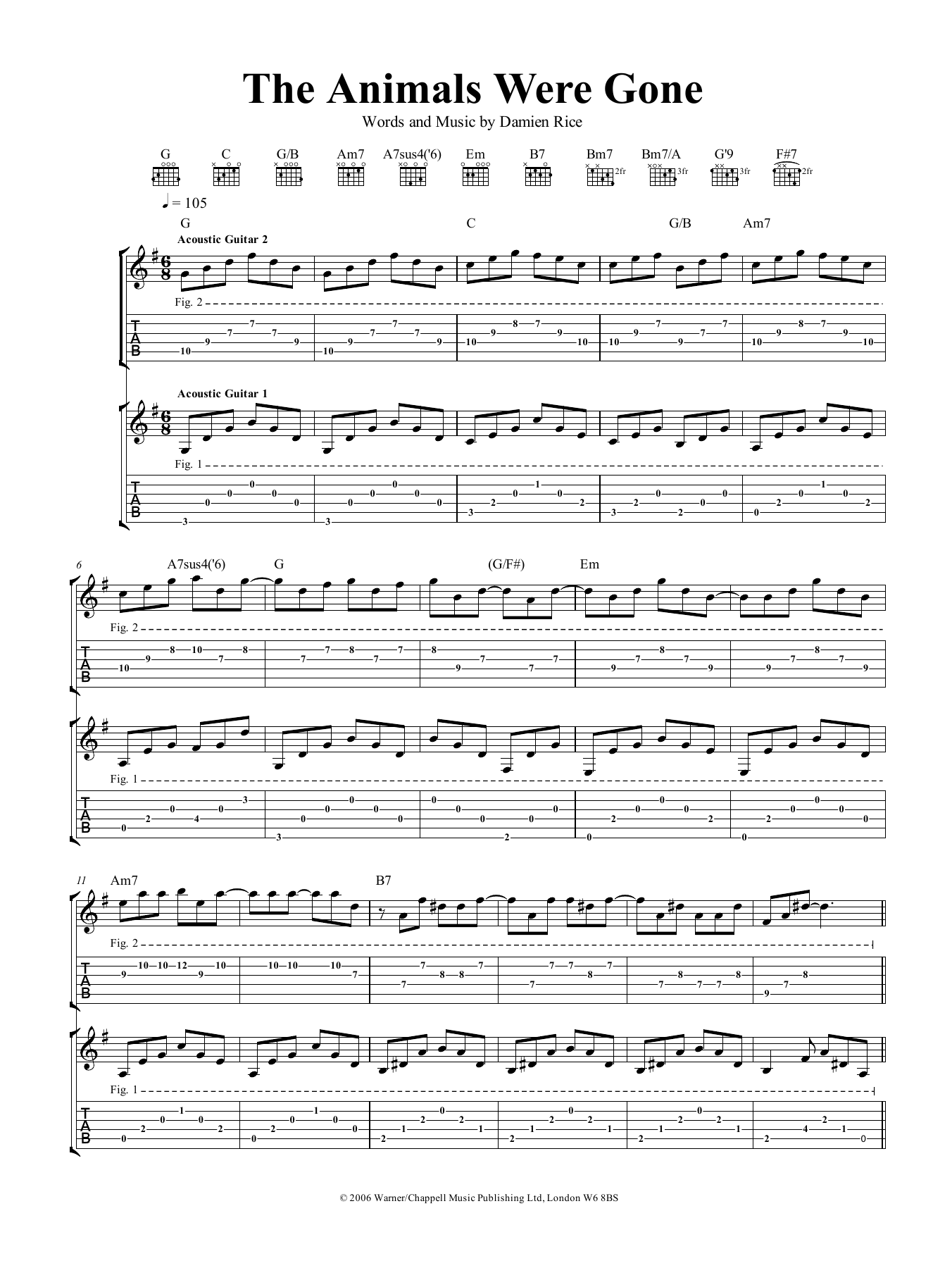 Damien Rice The Animals Were Gone Sheet Music