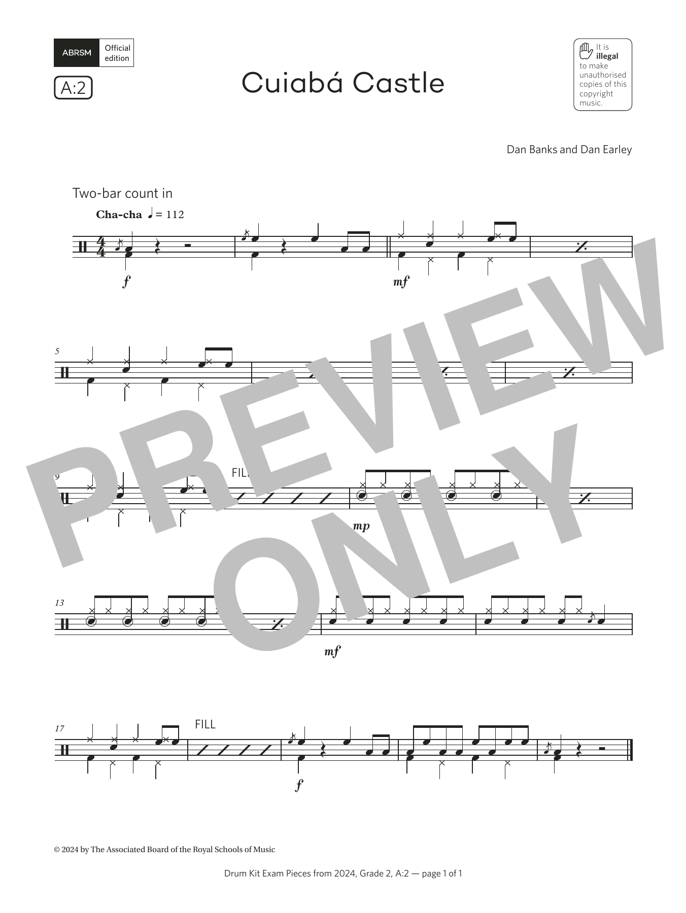 Dan Banks and Dan Earley Cuiabá Castle (Grade 2, list A2, from the ABRSM Drum Kit Syllabus 2024) Sheet Music