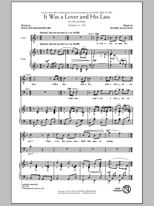 Daniel Kallman It Was A Lover And His Lass Sheet Music