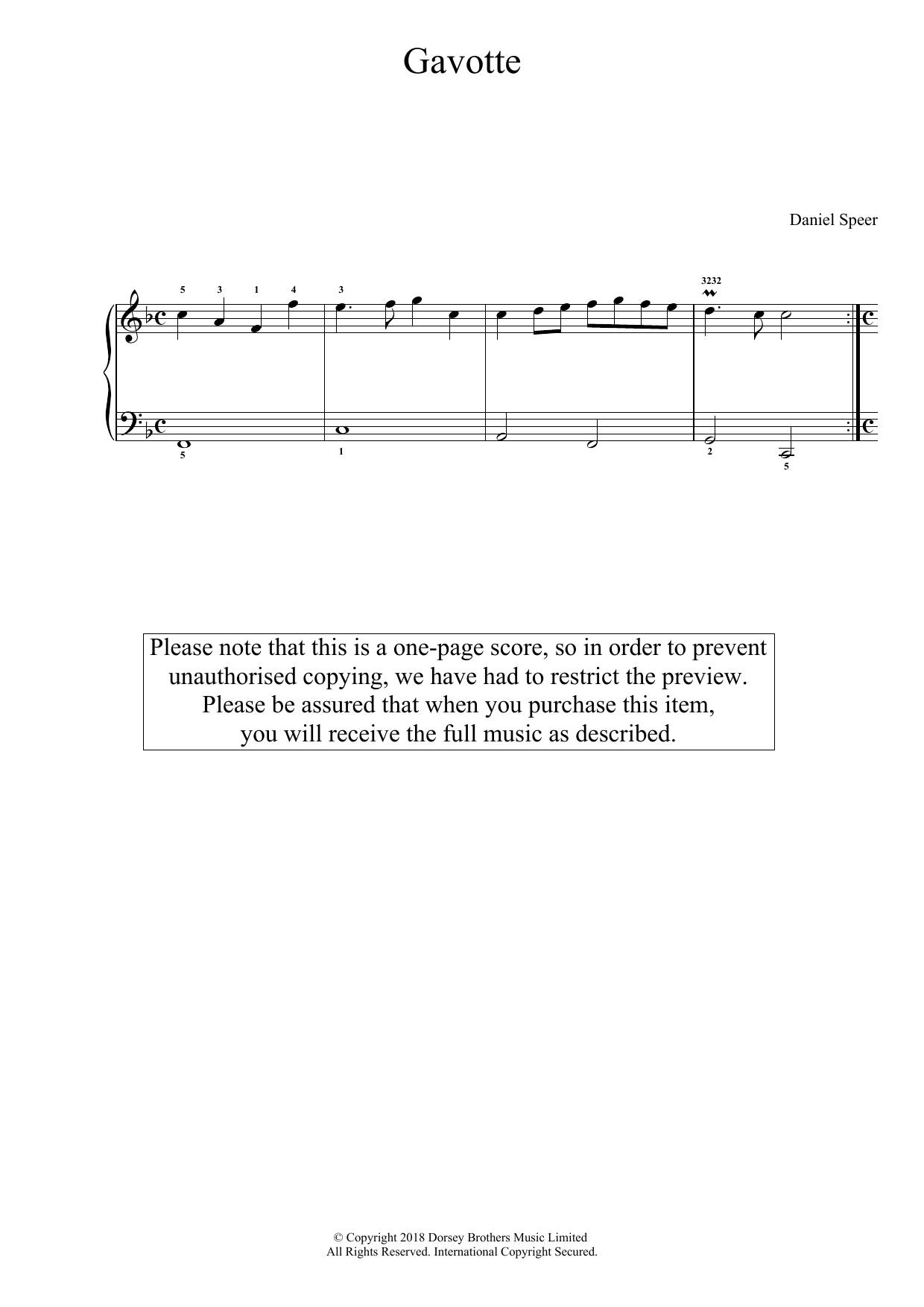 Daniel Speer Gavotte Sheet Music