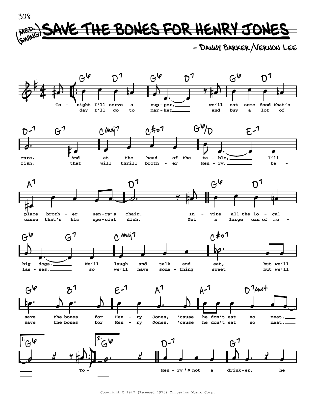 Danny Barker Save The Bones For Henry Jones (High Voice) Sheet Music